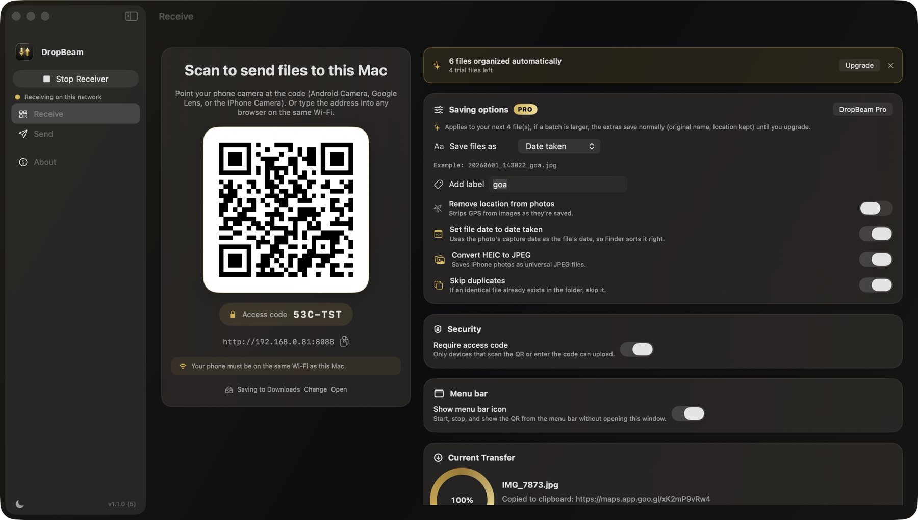 DropBeam on a Mac showing the QR code and saving options
