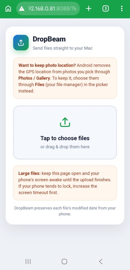 The DropBeam upload page open in a phone browser